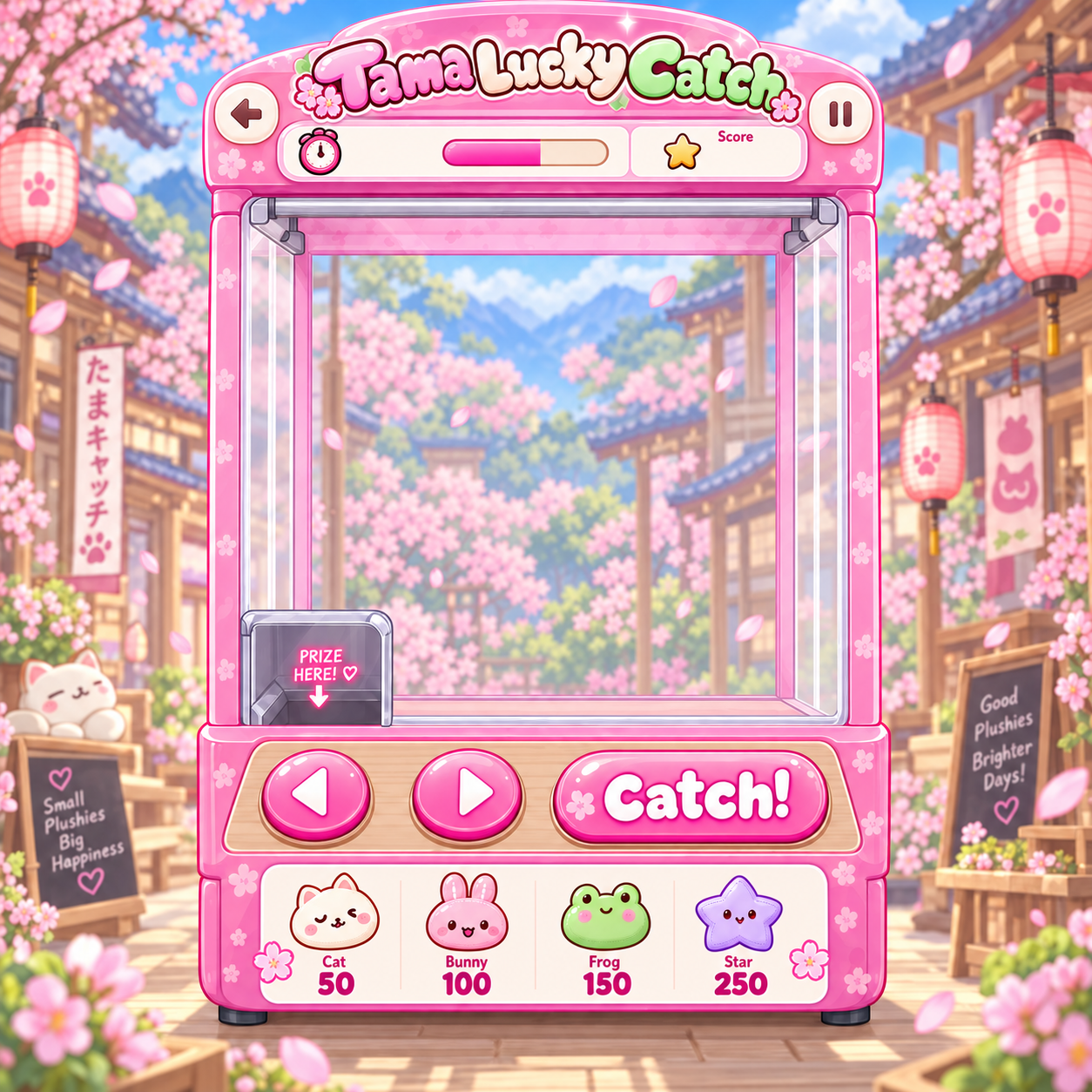 A pink claw machine in a cherry blossom village